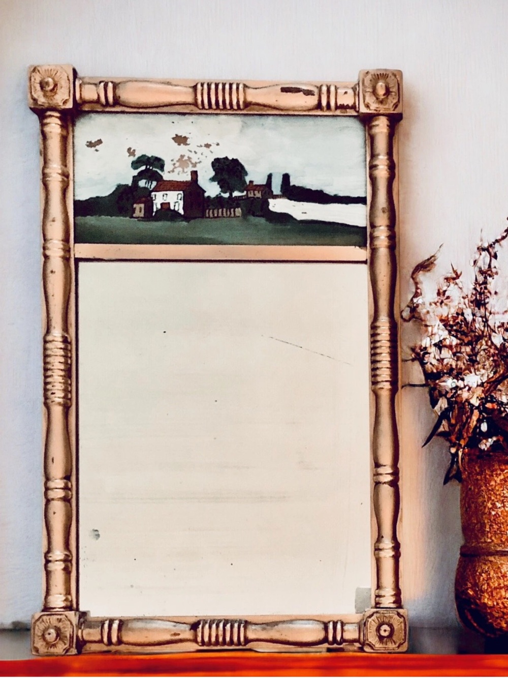 Vintage Federal Era Folk Art Mirror Reverse Painted Glass Pane Gold Framed 26”
